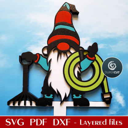 Garden decoration stake gnome with hose and rake - SVG DXF layered cutting files for Glowforge, Cricut, Silhouette cameo, CNC pattern by DuperCut.com