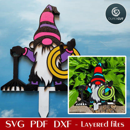 Garden stake gnome with hose and rake - SVG DXF layered cutting files for Glowforge, Cricut, Silhouette cameo, CNC pattern by DuperCut.com