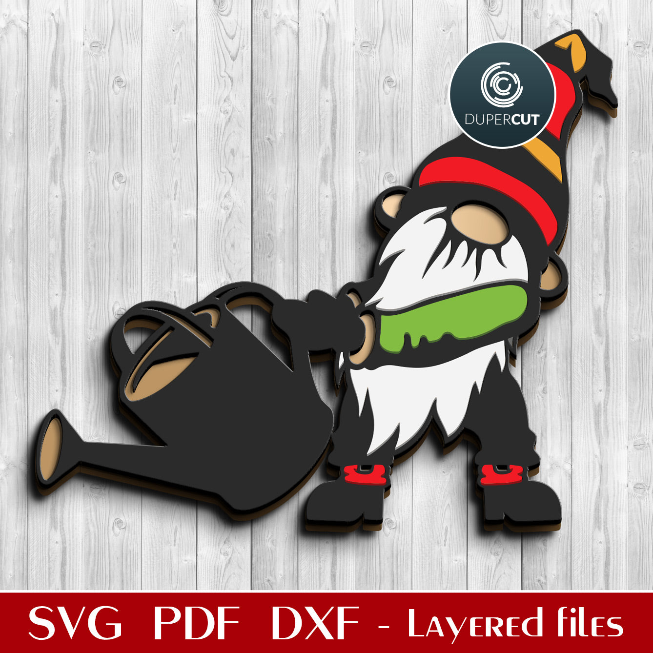 Garden gnome layered yard decor - SVG DXF vector cutting files for Glowforge, Cricut, Silhouette Cameo, CNC plasma machines, scroll saw pattern by www.DuperCut.com
