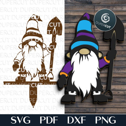 Garden gnome with shovel - SVG DXF layered cut files for golowforge, cricut, silhouette cameo, cnc plasma machines, scrollsaw pattern by www.DuperCut.com