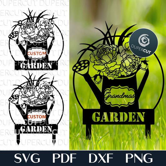 Garden metal sign yard decoration watering can with flowers - SVG DXF personalized vector files for Glowforge, Cricut, Silhouette, CNC plasma machines, scroll saw pattern by www.DuperCut.com