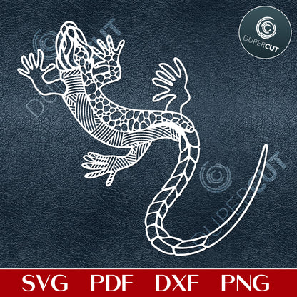 Gecko lizard, tattoo line art paper cutting template. SVG PNG DXF files for cutting, laser engraving, scrapbooking. For use with Cricut, Glowforge, Silhouette, CNC machines.