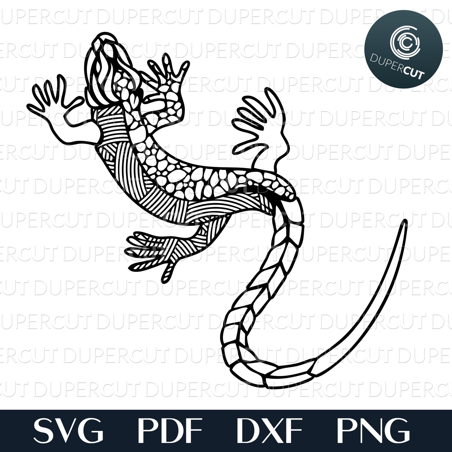 Gecko lizard, tattoo line art. SVG PNG DXF files for cutting, laser engraving, scrapbooking. For use with Cricut, Glowforge, Silhouette, CNC machines.