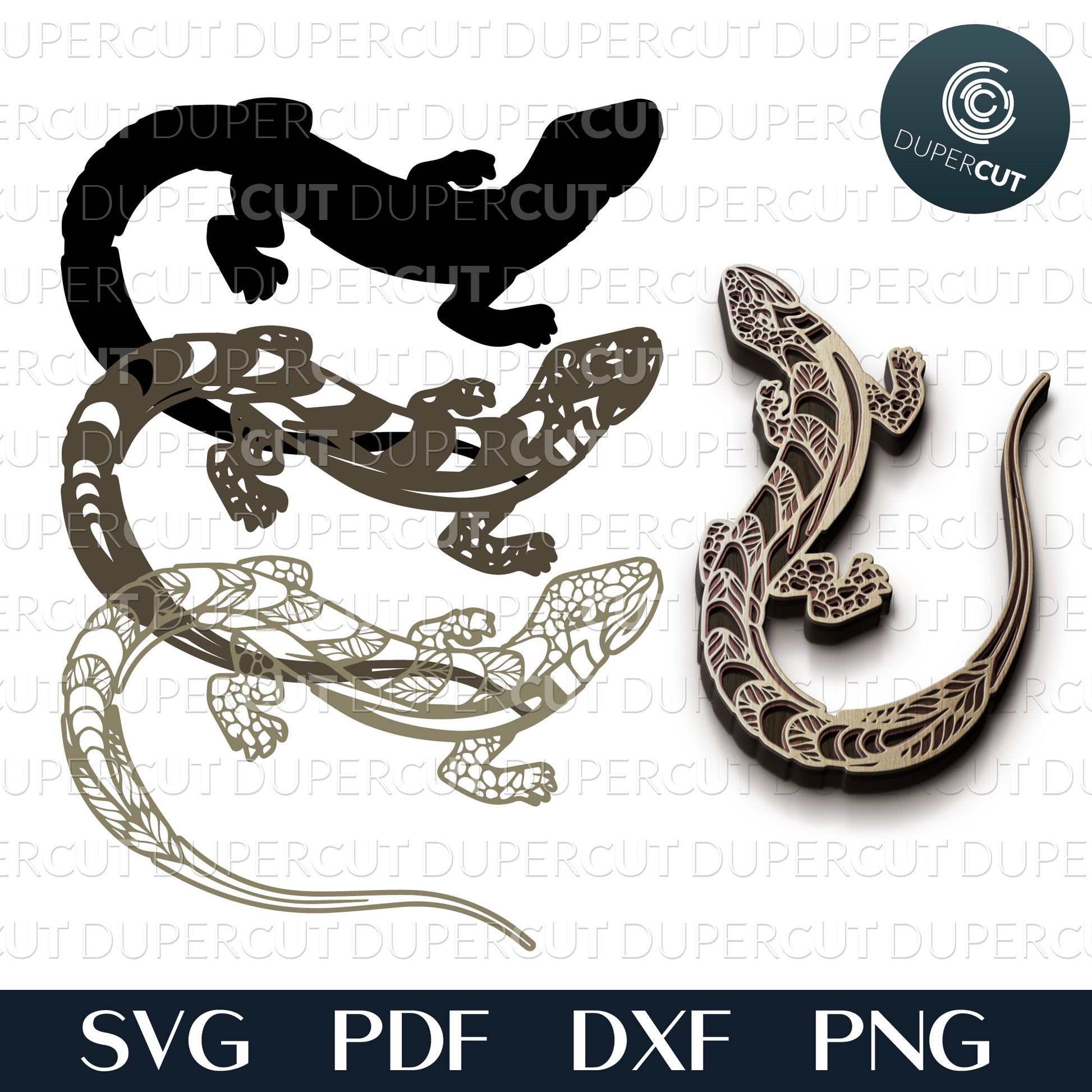 Gecko lizard layered cutting files, SVG PNG DXF files for paper art, laser engraving, scrapbooking. For use with Cricut, Glowforge, Silhouette, CNC machines.