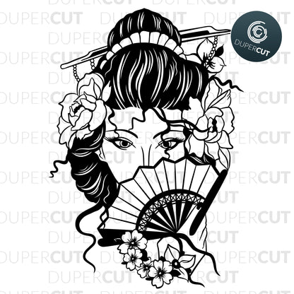 Paper cutting template - Japanese Geisha - Illustration Line Art - Print on demand custom t-shirts
