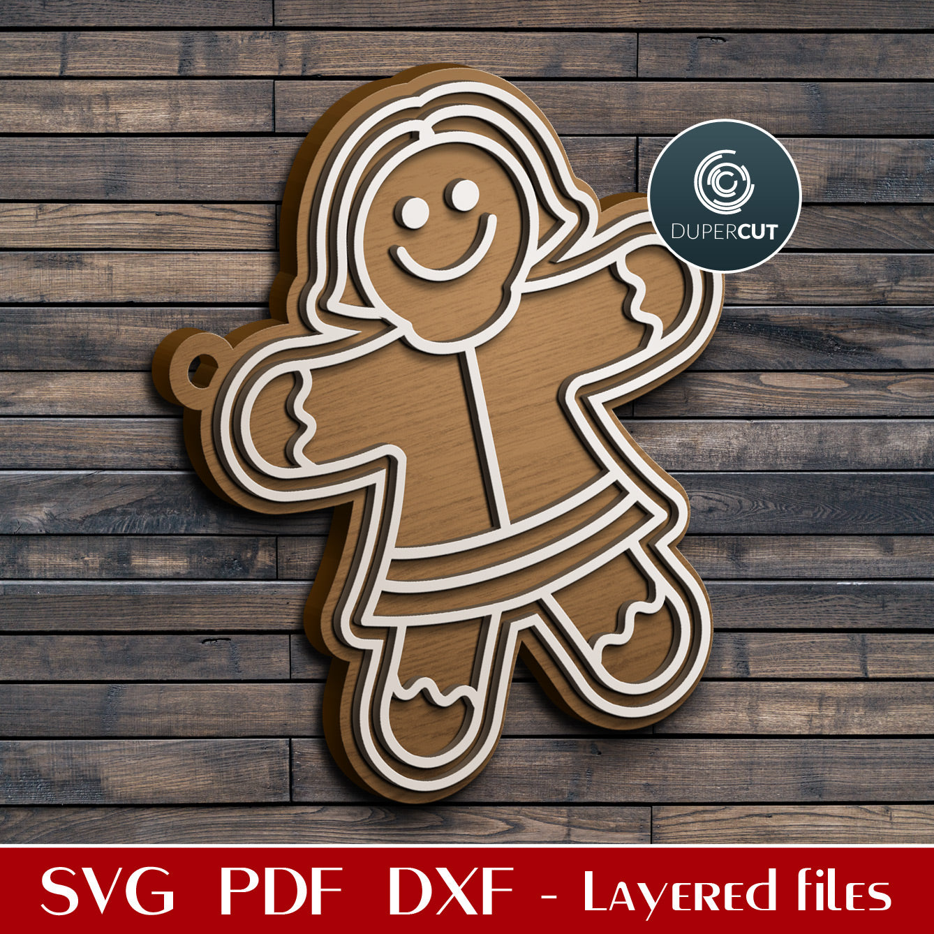 Gingerbread Girl - Holiday ornament decoration SVG PDF DXF layered cutting files for Glowforge, Cricut, Silhouette, CNC plasma machines by DuperCut
