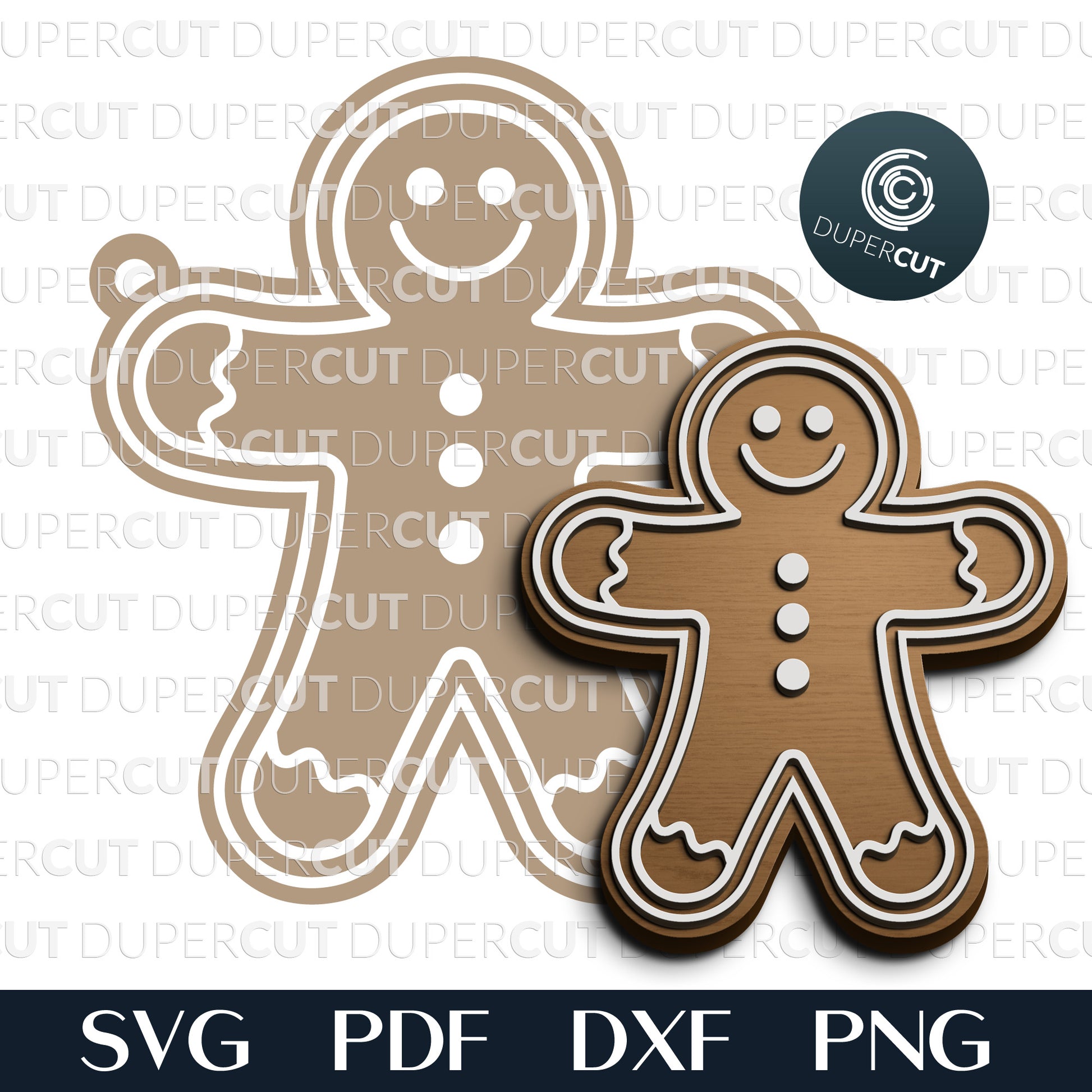 Gingerbread Man - Christmas ornament decoration SVG PDF DXF layered cutting files for Glowforge, Cricut, Silhouette, CNC plasma machines by DuperCut