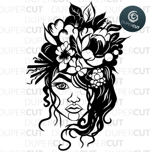 Papercutting Template - Woman with flowers in hair - drawing illustration