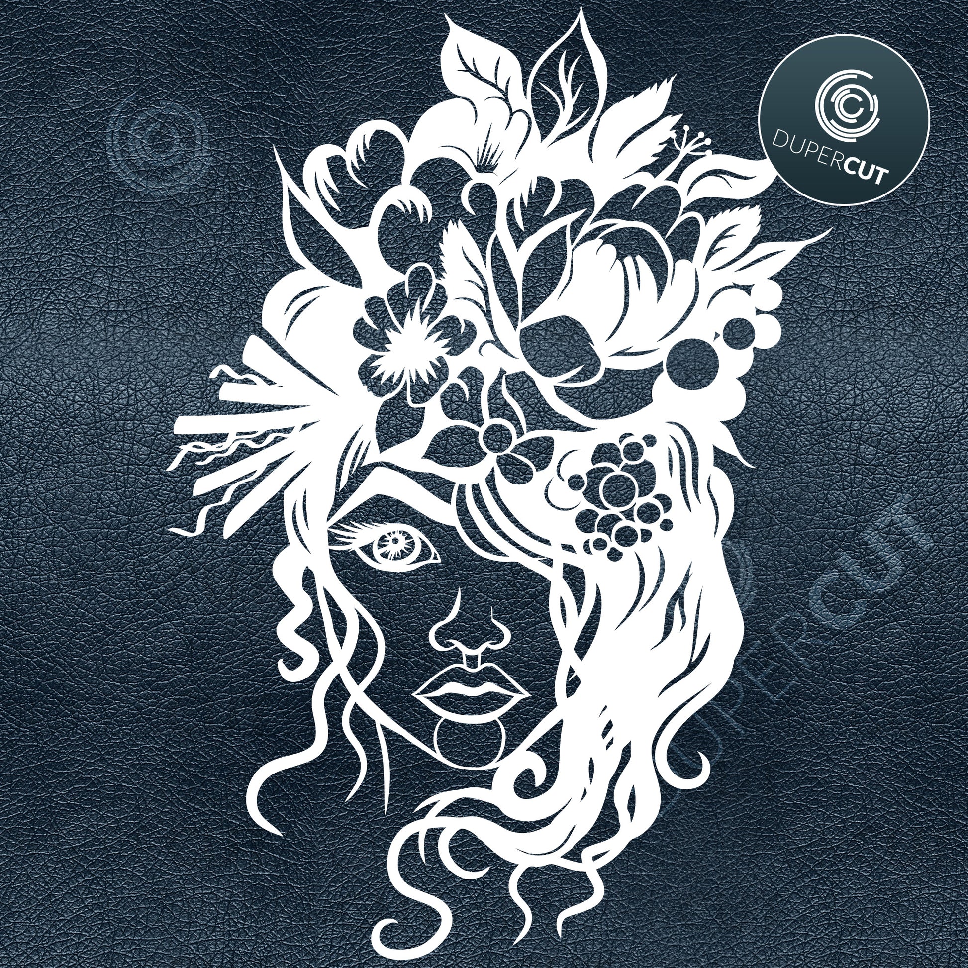 Papercutting Template - black and white clipart - floral hair girl