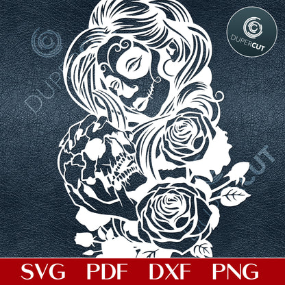 Sugar skull girl with roses, gothic black and white  illustrations - SVG DXF PNG files for cutting, engraving, sublimation. Great for Cricut, Silhouette Cameo, Glowforge.