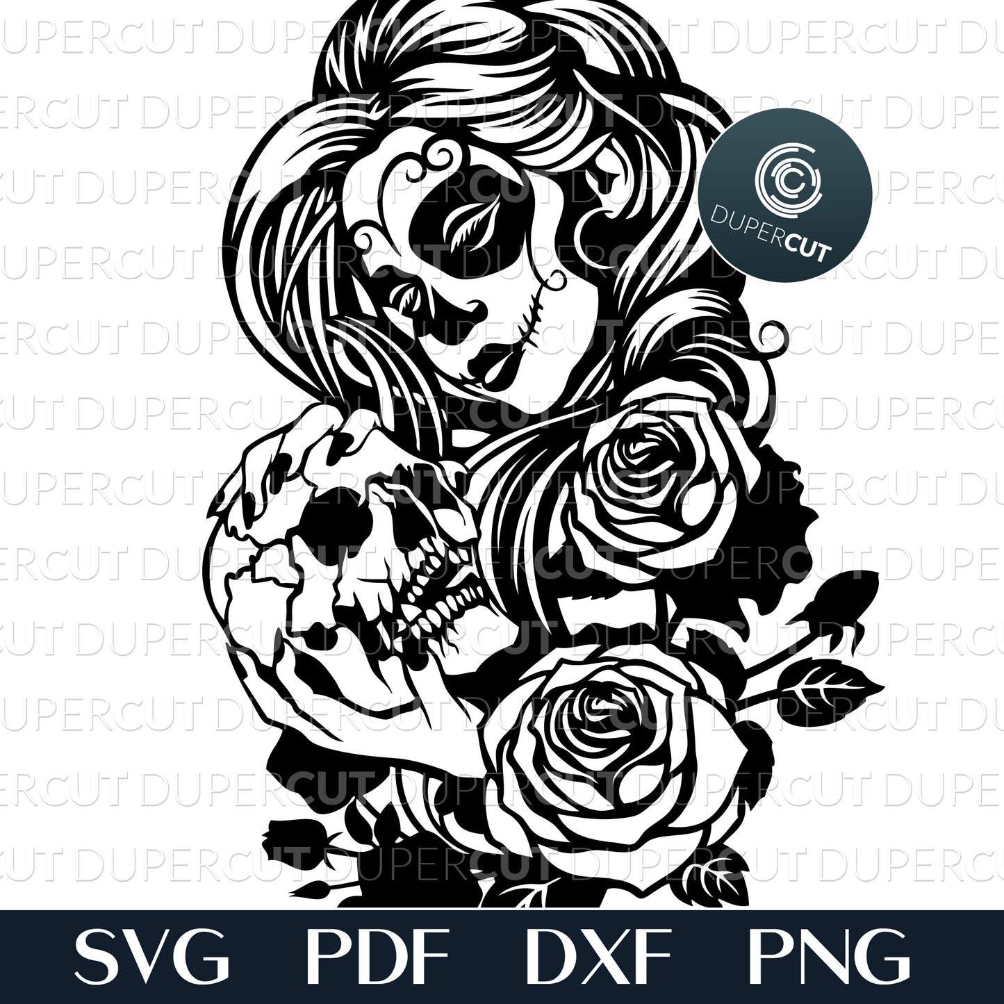 Sugar skull girl with skull head and roses - SVG DXF PNG files for cutting, engraving, sublimation. Great for Cricut, Silhouette Cameo, Glowforge.