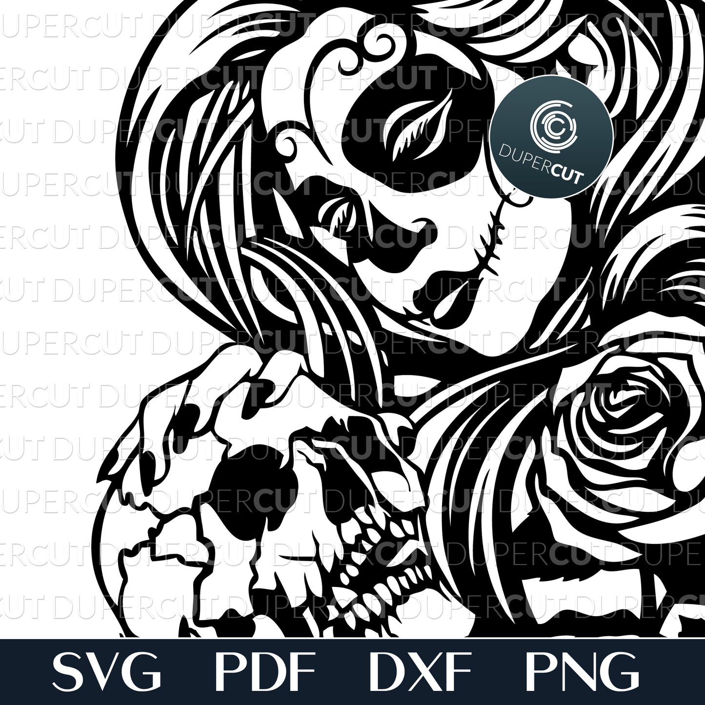 Day of the dead female sugar skull, steampunk tattoo line art - SVG DXF PNG files for cutting, engraving, sublimation. Great for Cricut, Silhouette Cameo, Glowforge.