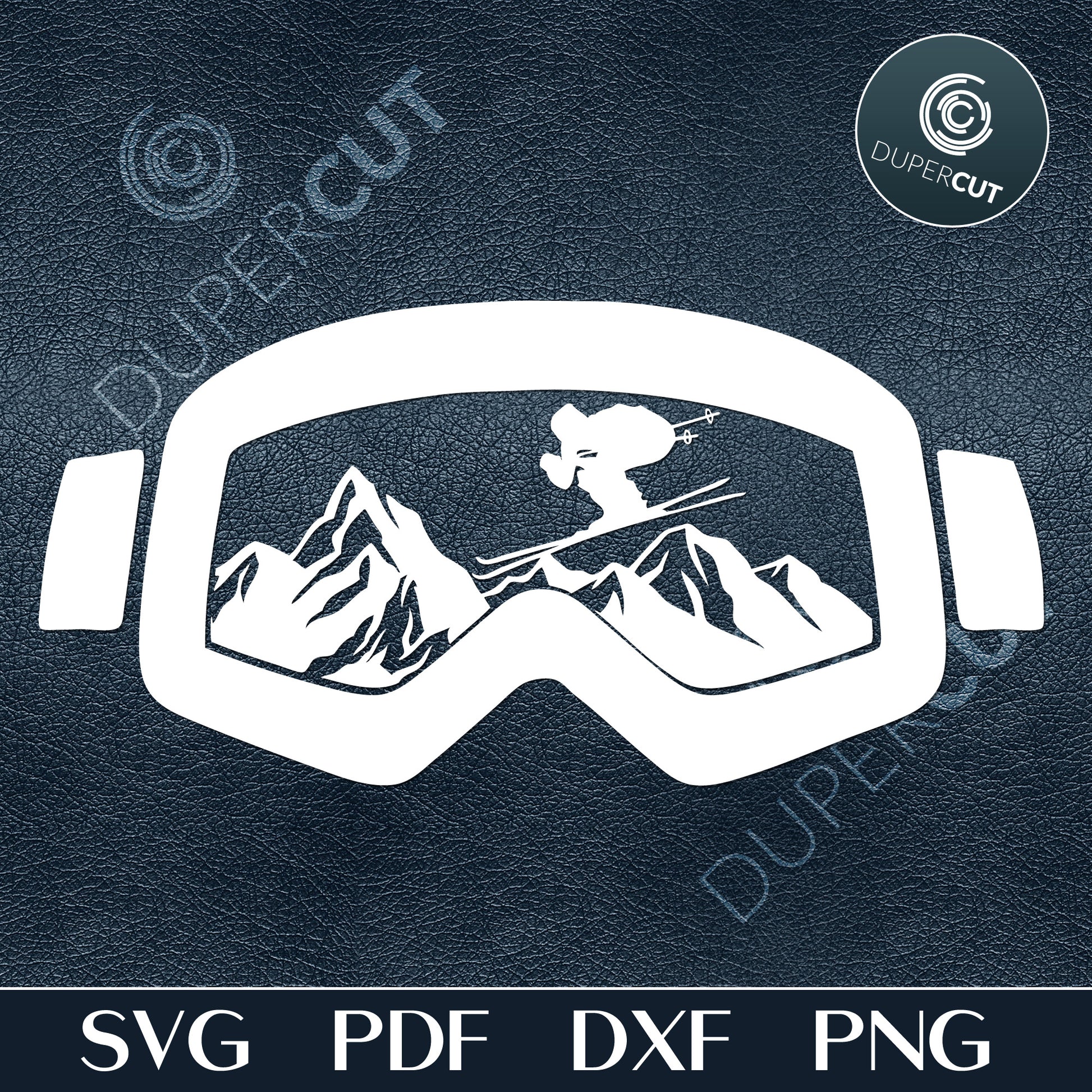 Goggles with skier and mountains. SVG PNG DXF cutting files for Cricut, Silhouette, Glowforge, print on demand, sublimation templates