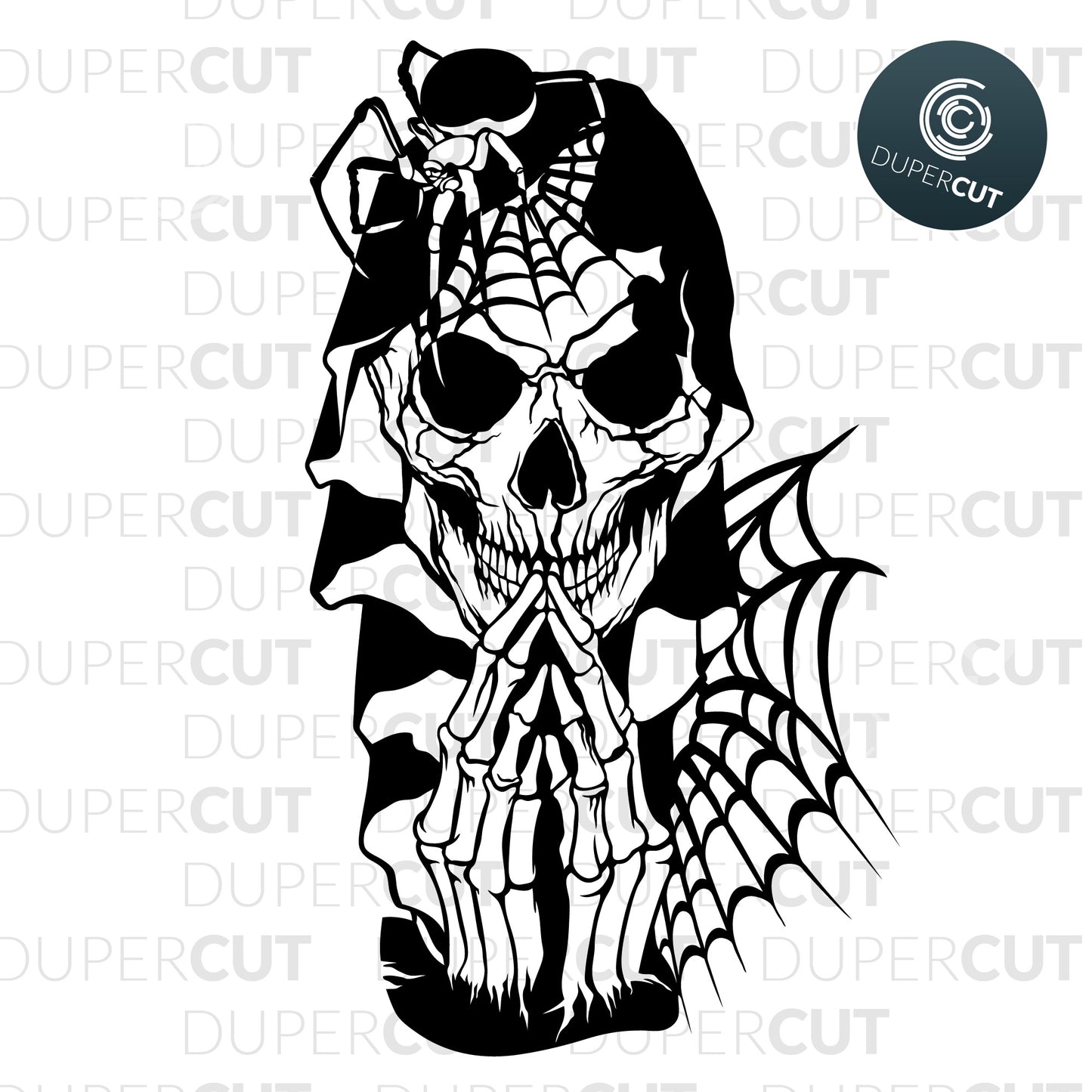 Paper Cutting Template - Grim Reaper Skull - Death Skeleton,  steampunk skull SVG PNG DXF cutting files for Cricut, Glowforge, Silhouette cameo, laser engraving