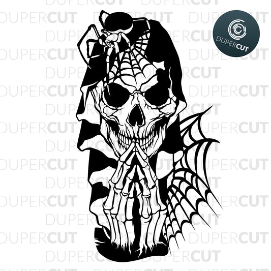 Paper Cutting Template - Grim Reaper Skull - Death Skeleton,  steampunk skull SVG PNG DXF cutting files for Cricut, Glowforge, Silhouette cameo, laser engraving