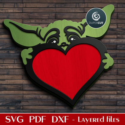 Baby Yoda with heart, personalized Valentines day gift - SVG DXF layered cutting files for Glowforge, Cricut, Silhouette, CNC plasma machines by DuperCut.com