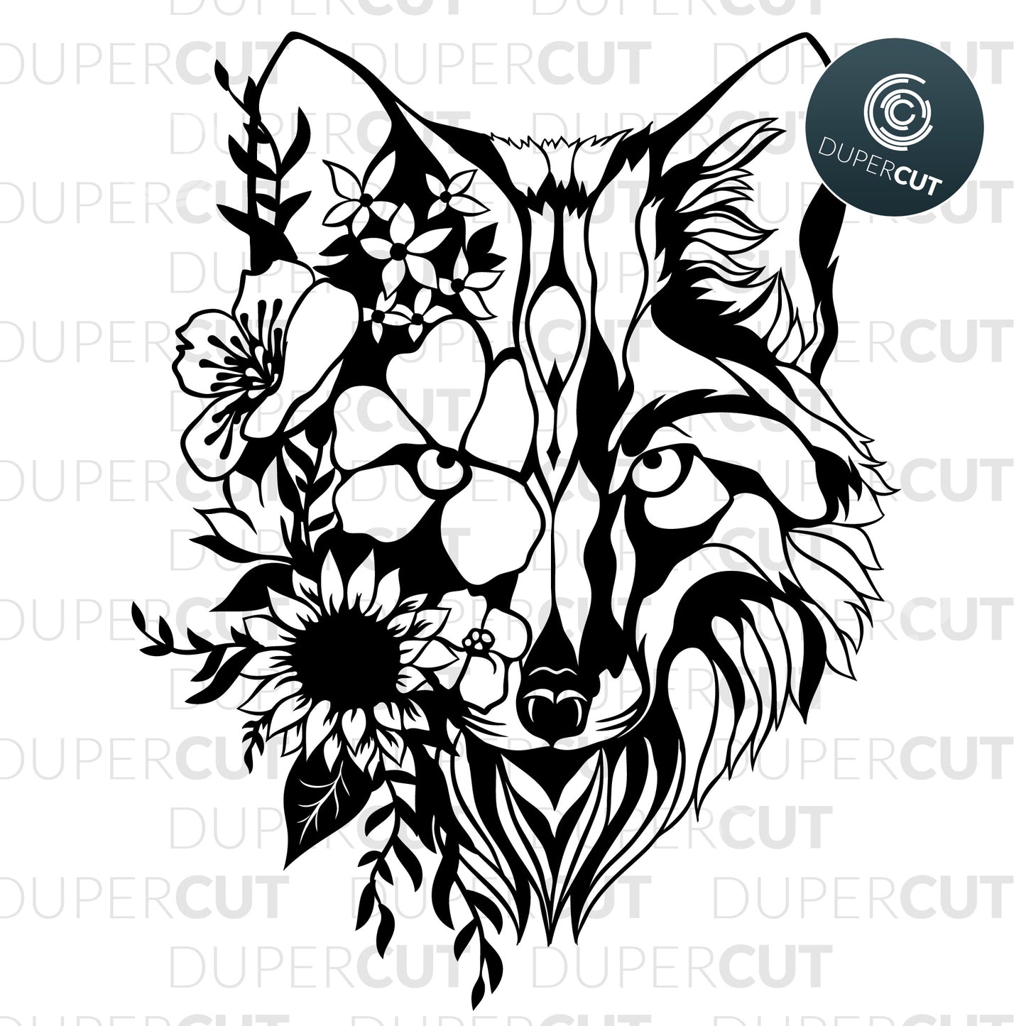 Paper Cutting Template - Wolf with Flowers - Morphing Wolf