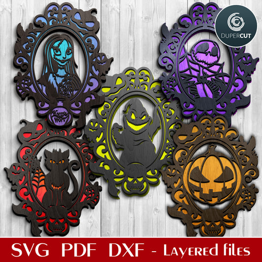 Halloween door hangers layered designs for laser cutting machines. SVG PDF DXF vector files for Glowforge, Cricut, Silhouette, CNC plasma machines