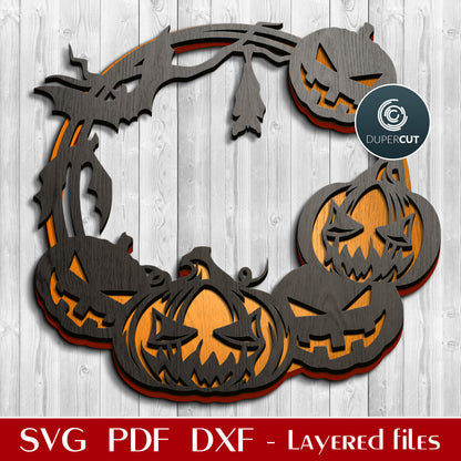 Halloween pumpkins door hanger sign - Layered SVG PDF DXF vector files for Glowforge, Cricut, Silhouette, laser cutting machines