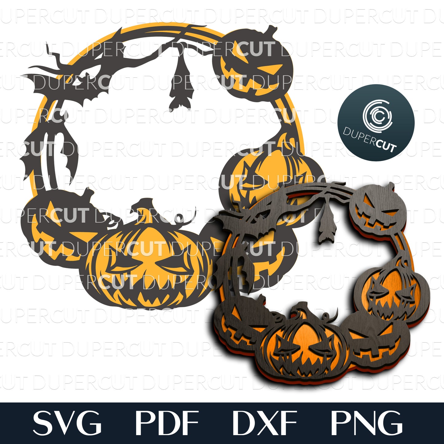 Halloween wreath door hanger sign - Layered SVG PDF DXF vector files for Glowforge, Cricut, Silhouette, laser cutting machines
