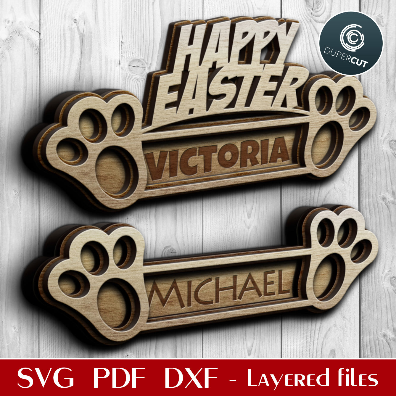 Layered Easter name tags - add custom text - SVG PDF DXF vector files for laser cutting with Glowforge, Cricut, Silhouette Cameo, CNC plasma machines