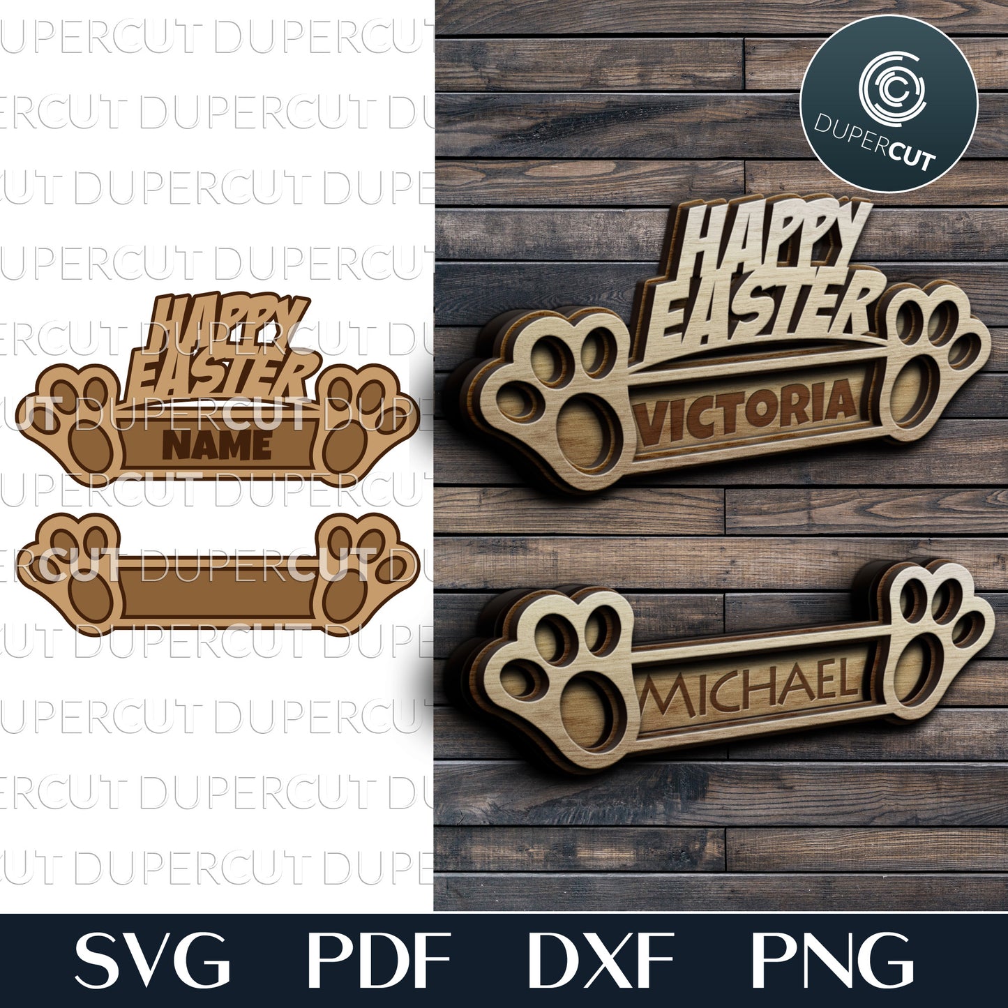 Bunny paw Easter tag - add custom name - SVG PDF DXF vector files for laser cutting with Glowforge, Cricut, Silhouette Cameo, CNC plasma machines