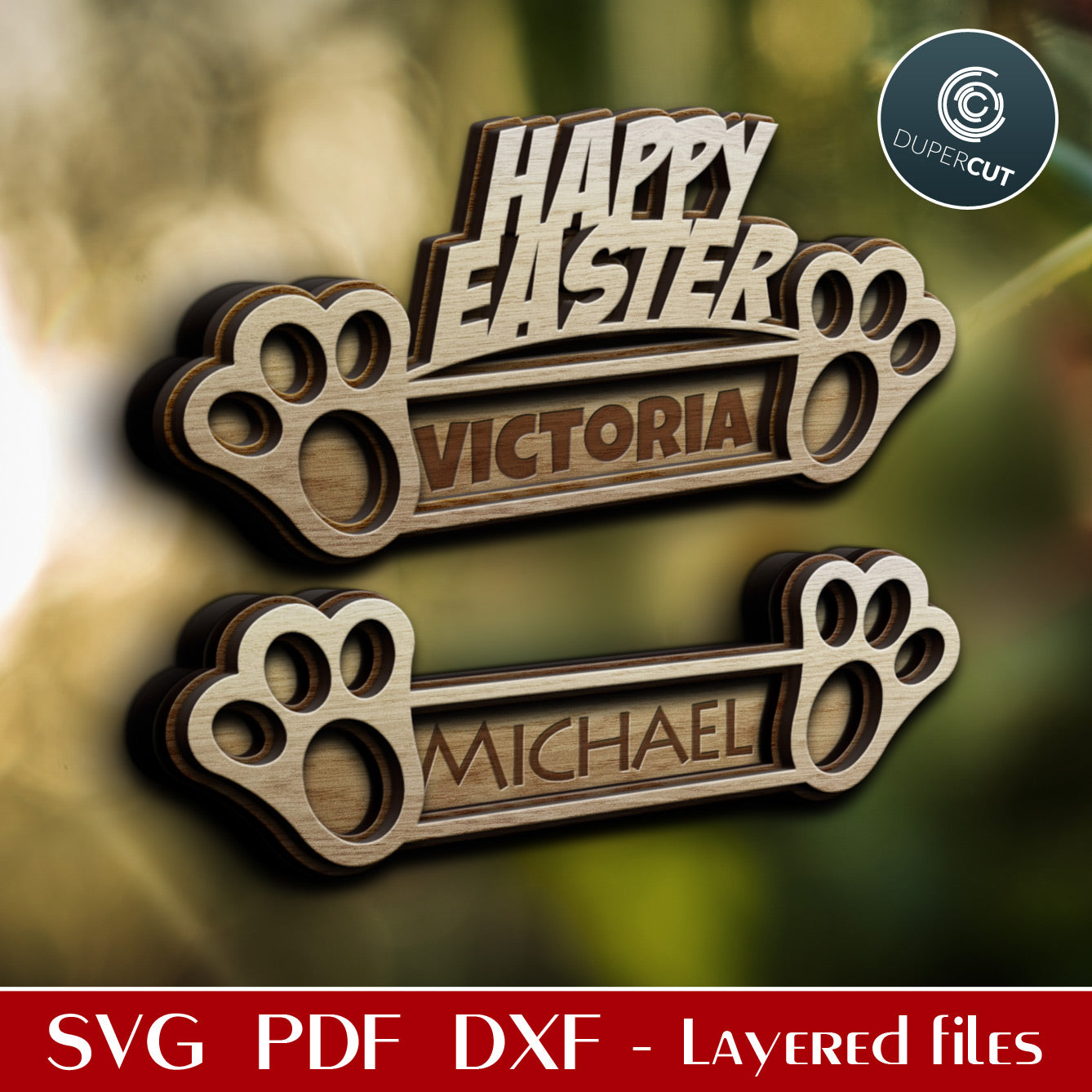 Happy Easter - Layered personalized name tags - SVG PDF DXF vector files for laser cutting with Glowforge, Cricut, Silhouette Cameo, CNC plasma machines