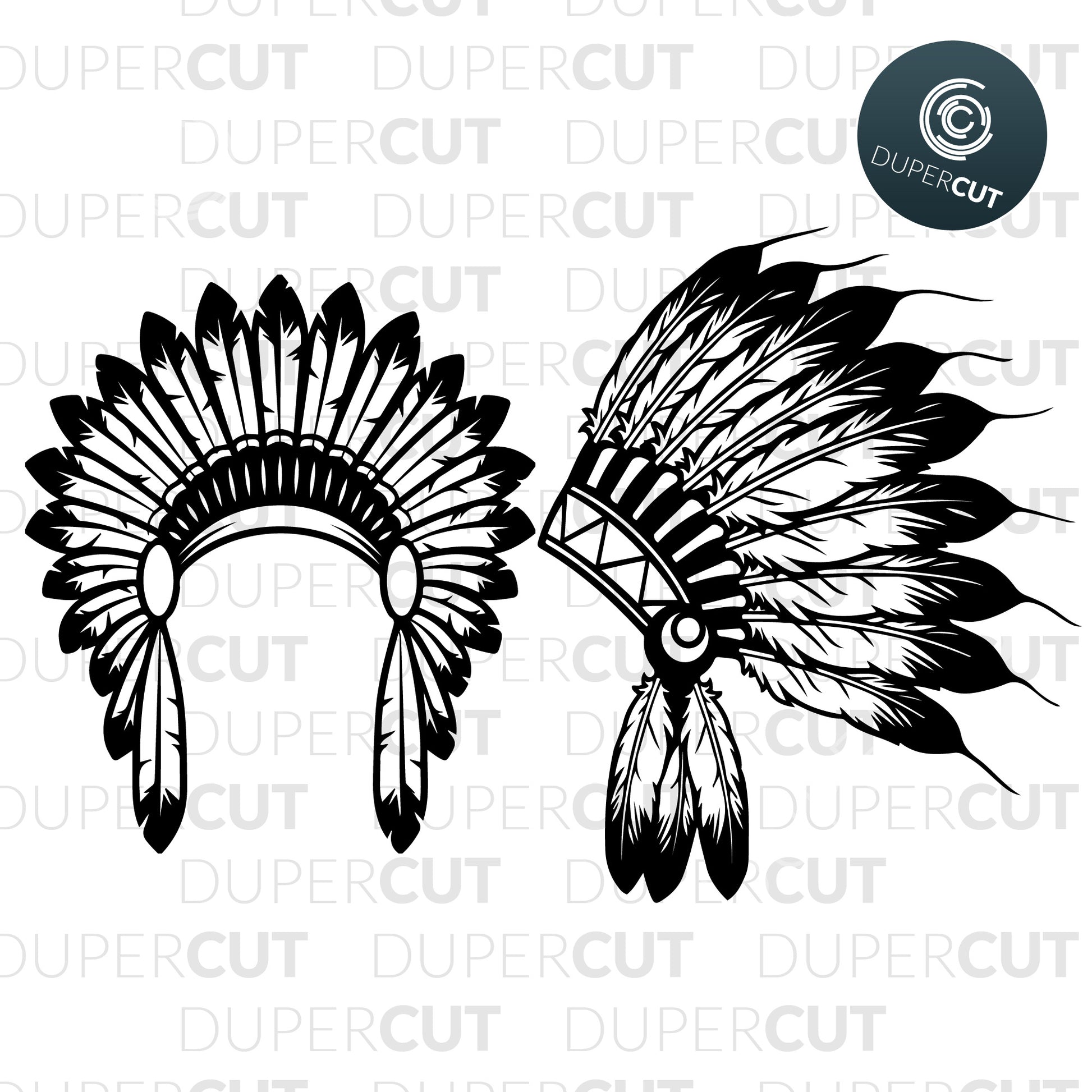 Paper cutting template - Black and white drawing of Native American headdress - SVG PNG DXF files for cutting machines: Cricut, Silhouette Cameo, Glowforge, CNC laser