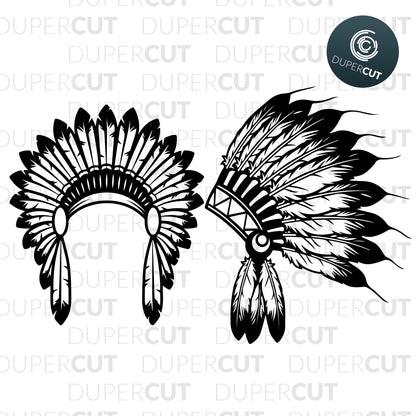 Paper cutting template - Black and white drawing of Native American headdress - SVG PNG DXF files for cutting machines: Cricut, Silhouette Cameo, Glowforge, CNC laser