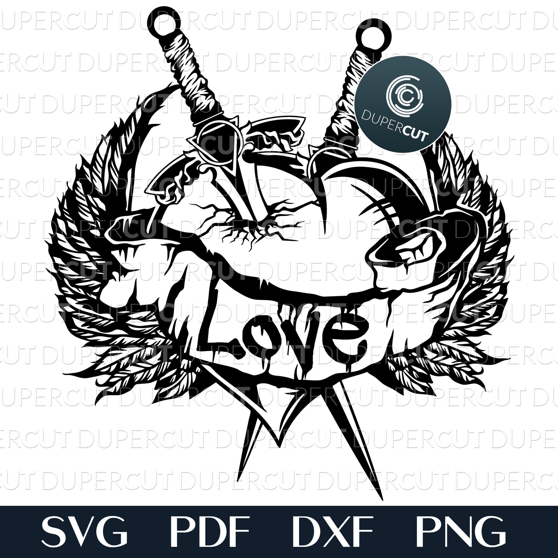 Winged heart with daggers, tattoo style line art. Papercutting template for commercial use. SVG files for Silhouette Cameo, Cricut, Glowforge, DXF for CNC, laser cutting, print on demand