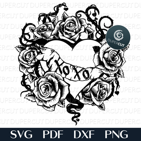 Heart and roses, Valentine's Day tattoo style line art. Papercutting template for commercial use. SVG files for Silhouette Cameo, Cricut, Glowforge, DXF for CNC, laser cutting, print on demand