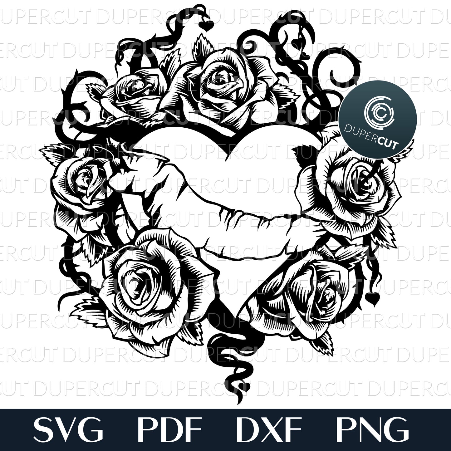 Valentines day design, mother's day heart and roses tattoo. Papercutting template for commercial use. SVG files for Silhouette Cameo, Cricut, Glowforge, DXF for CNC, laser cutting, print on demand