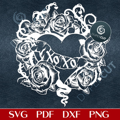 Heart and roses tattoo for Valentine's day. Papercutting template for commercial use. SVG files for Silhouette Cameo, Cricut, Glowforge, DXF for CNC, laser cutting, print on demand