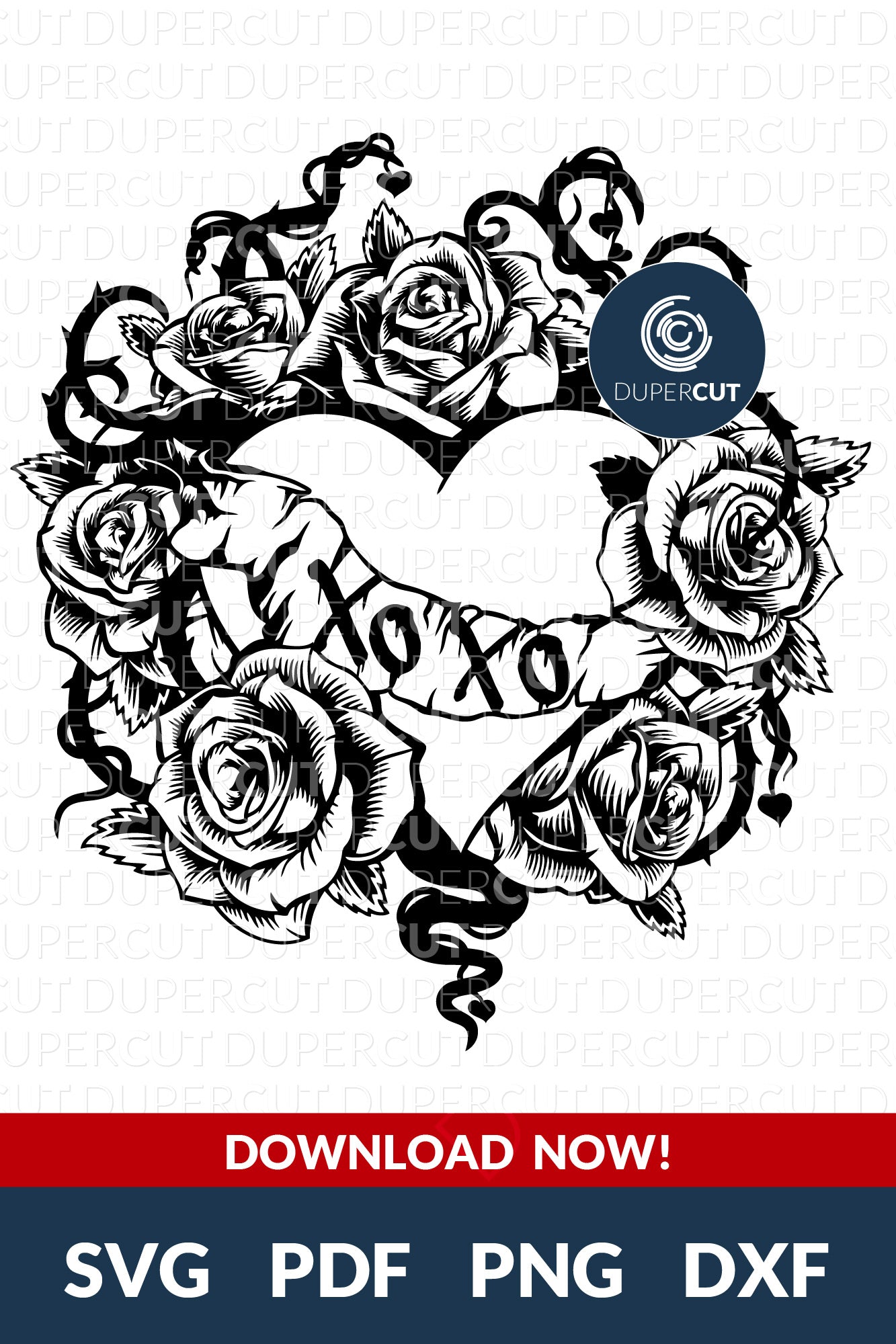 Black tattoo illustration, detailed heart with roses, alternative style Papercutting template for commercial use. SVG files for Silhouette Cameo, Cricut, Glowforge, DXF for CNC, laser cutting, print on demand