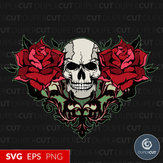 Skull and roses - EPS, SVG, PNG files. Vector Colour illustration for print on demand, sublimation, custom t-shirts, hoodies, tumblers.