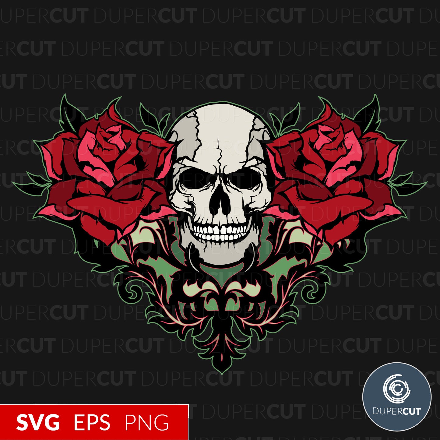Skull and roses - EPS, SVG, PNG files. Vector Colour illustration for print on demand, sublimation, custom t-shirts, hoodies, tumblers.