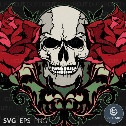 Valentines day Skull with roses - Custom apparel design, Amazon merch template - EPS, SVG, PNG files. Vector Colour illustration for print on demand, sublimation, custom t-shirts, hoodies, tumblers.