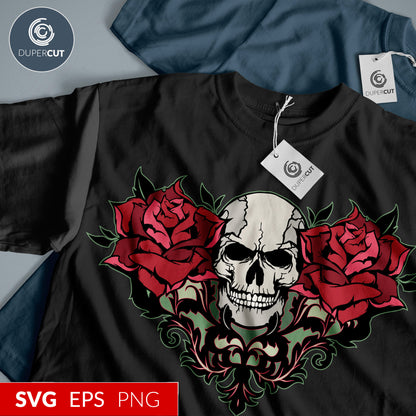 Heart shaped skull with roses - Custom apparel design, Amazon merch template - EPS, SVG, PNG files. Vector Colour illustration for print on demand, sublimation, custom t-shirts, hoodies, tumblers.