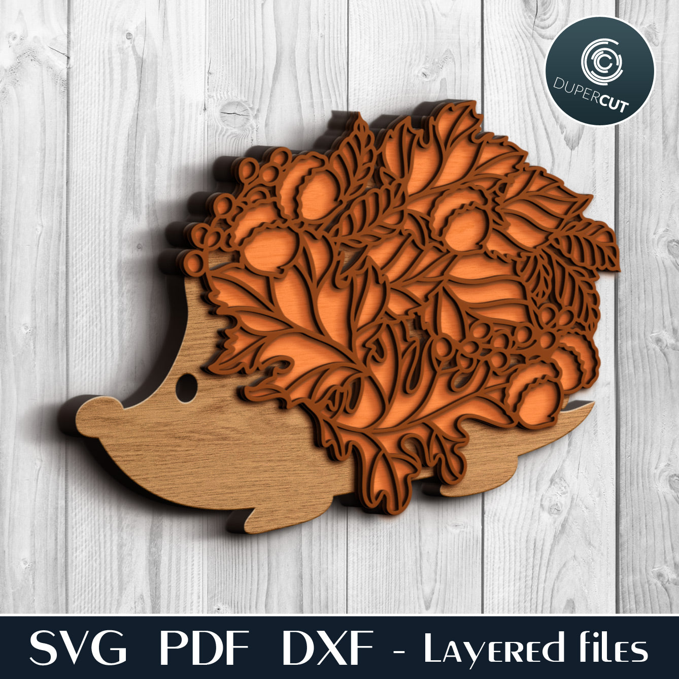 Hedgehog with leaves and acorns - layered cut files SVG PDF DXF template for Glowforge, Cricut, Silhouette cameo, CNC plasma machines