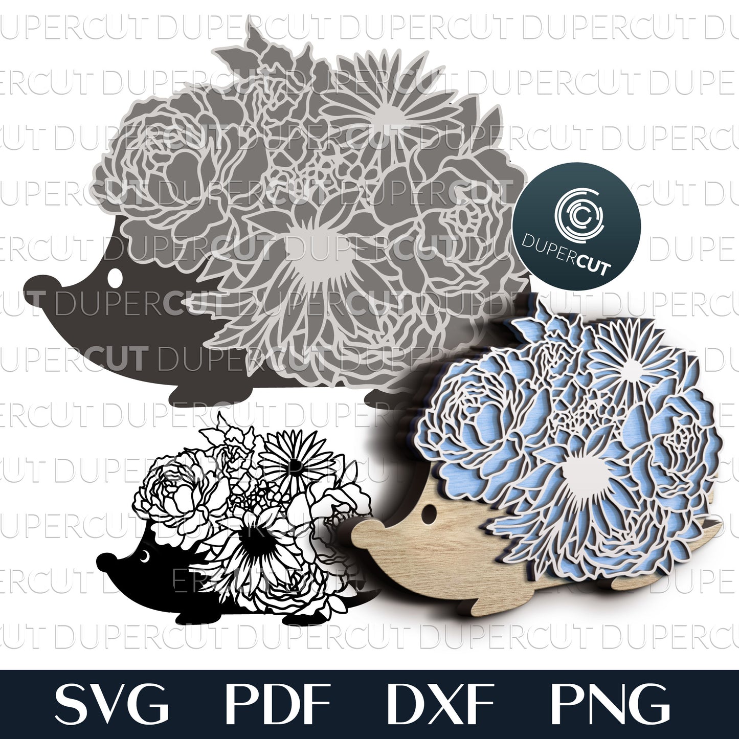Floral hedgehog - layered cutting files SVG PDF DXF files for Glowforge, Cricut, Silhouette cameo, CNC plasma machines