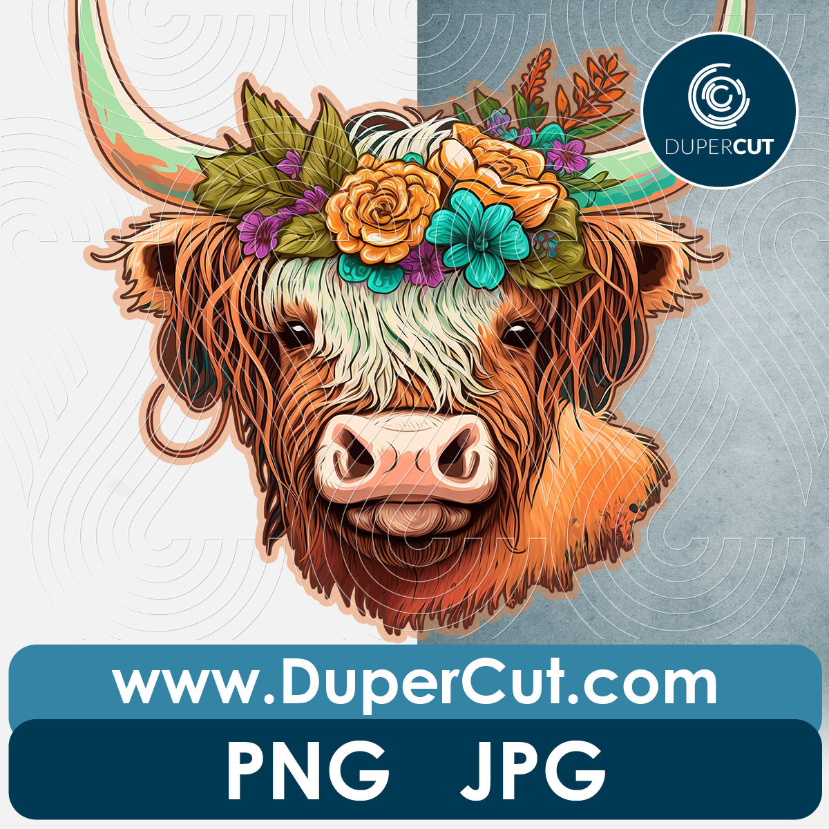 Highland cow with flowers - transparent background - PNG file sublimation pattern by www.dupercut.com