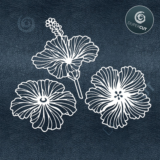 Paper cutting template - Hibiscus flowers, set of three, cutting for beginner. - Free SVG and DXF files for cutting machines: Cricut, Silhouette Cameo, Glowforge, CNC