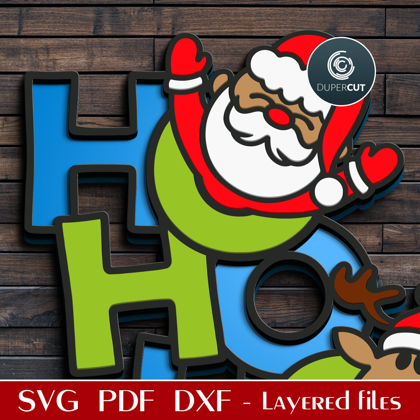Santa holidays door hanger sign HO-HO-HO - SVG DXF layered vector files for laser cutting with Glowforge, Cricut, Silhouette Cameo, CNC plasma by DuperCut