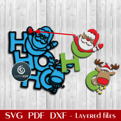 Santa and reindeer Christmas decoration sign HO-HO-HO - SVG DXF layered vector files for laser cutting with Glowforge, Cricut, Silhouette Cameo, CNC plasma by DuperCut