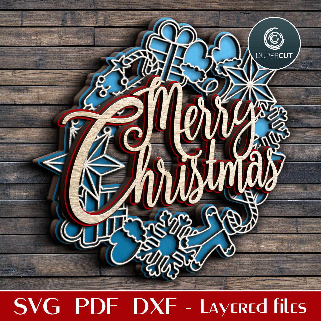 Merry Christmas DIY door hanger sign - SVG PDF DXF layered files for laser and digital cutting machines - Glowforge, Cricut, Silhouette, CNC plasma by DuperCut