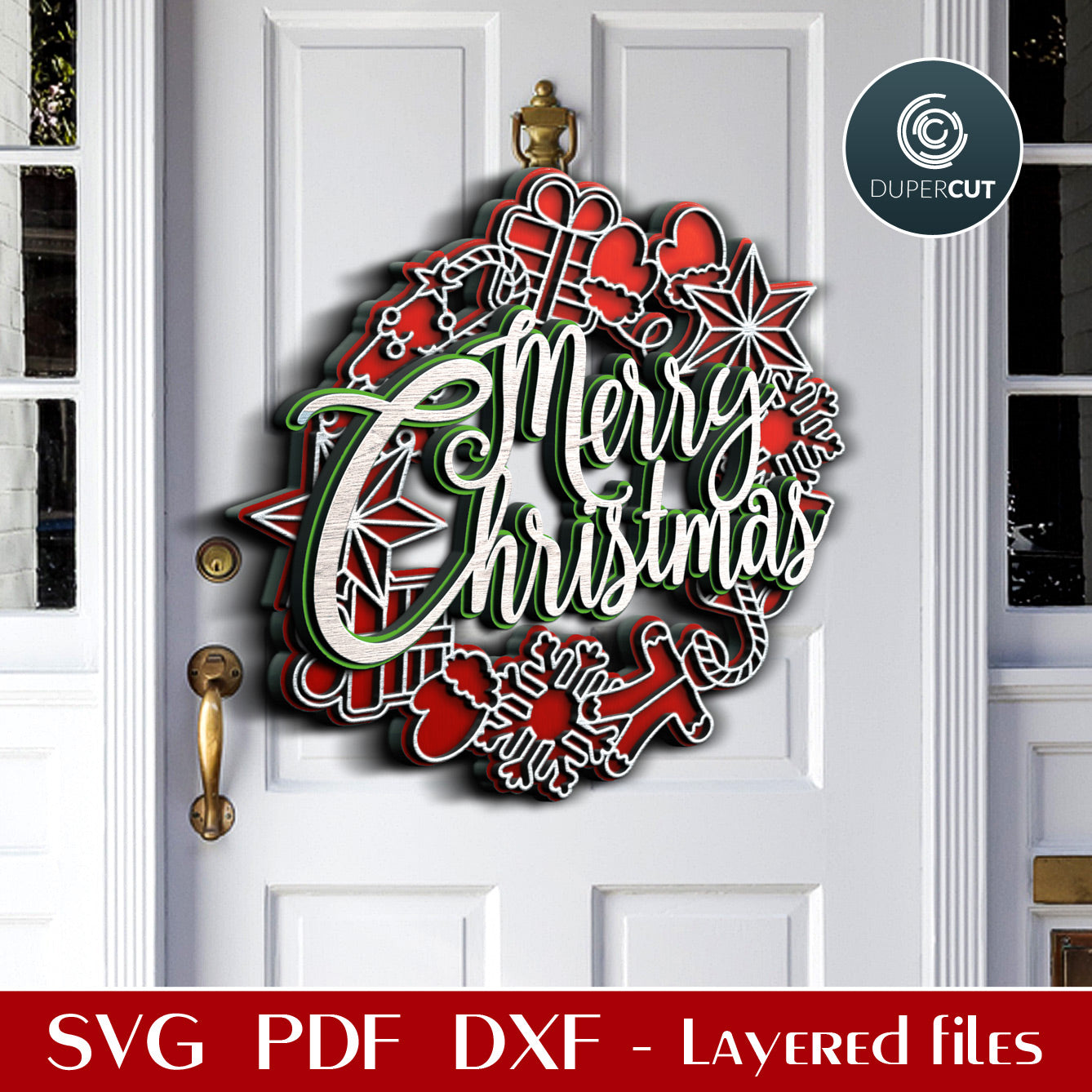 Holiday wreath door hanger - SVG PDF DXF layered files for laser and digital cutting machines - Glowforge, Cricut, Silhouette, CNC plasma by DuperCut