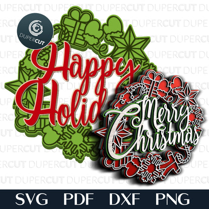 Holiday wreath door hanger - SVG PDF DXF layered files for laser and digital cutting machines - Glowforge, Cricut, Silhouette, CNC plasma by DuperCut