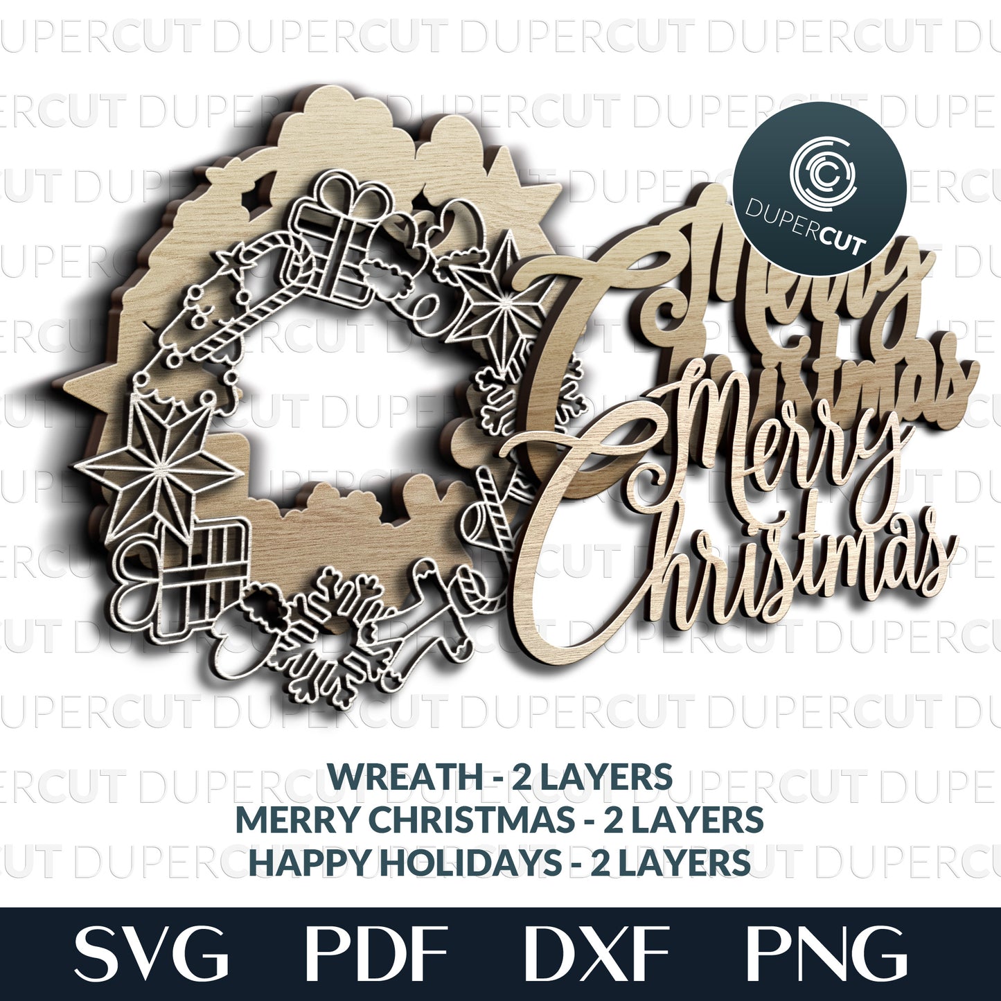 Christmas wreath door hanger - SVG PDF DXF layered files for laser and digital cutting machines - Glowforge, Cricut, Silhouette, CNC plasma by DuperCut