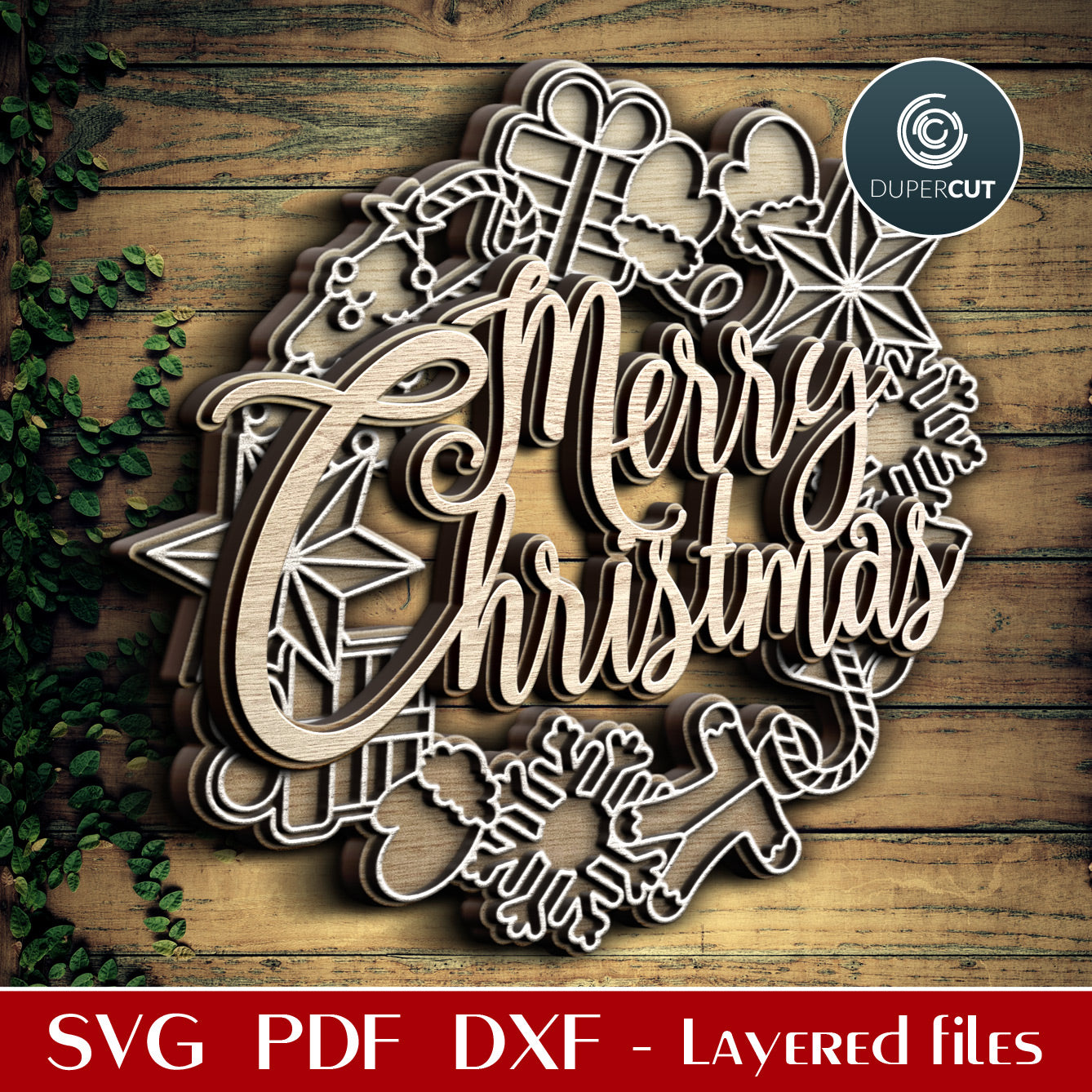 Holiday wreath door hanger - Merry Christmas sign - SVG PDF DXF layered files for laser and digital cutting machines - Glowforge, Cricut, Silhouette, CNC plasma by DuperCut