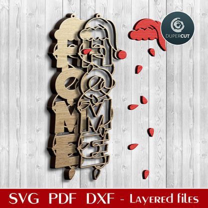 HOME with Santa's hat door hanger sign - SVG DXF layered vector files for laser cutting with Glowforge, Cricut, Silhouette, CNC plasma by DuperCut